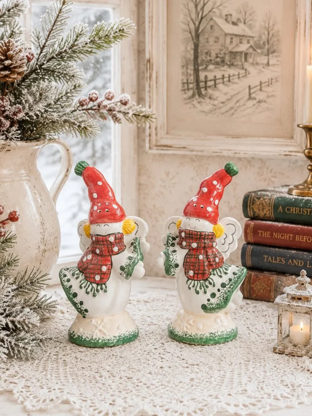 Rare Charming Vintage Snow Angels Ceramic Salt and Pepper Shakers Set